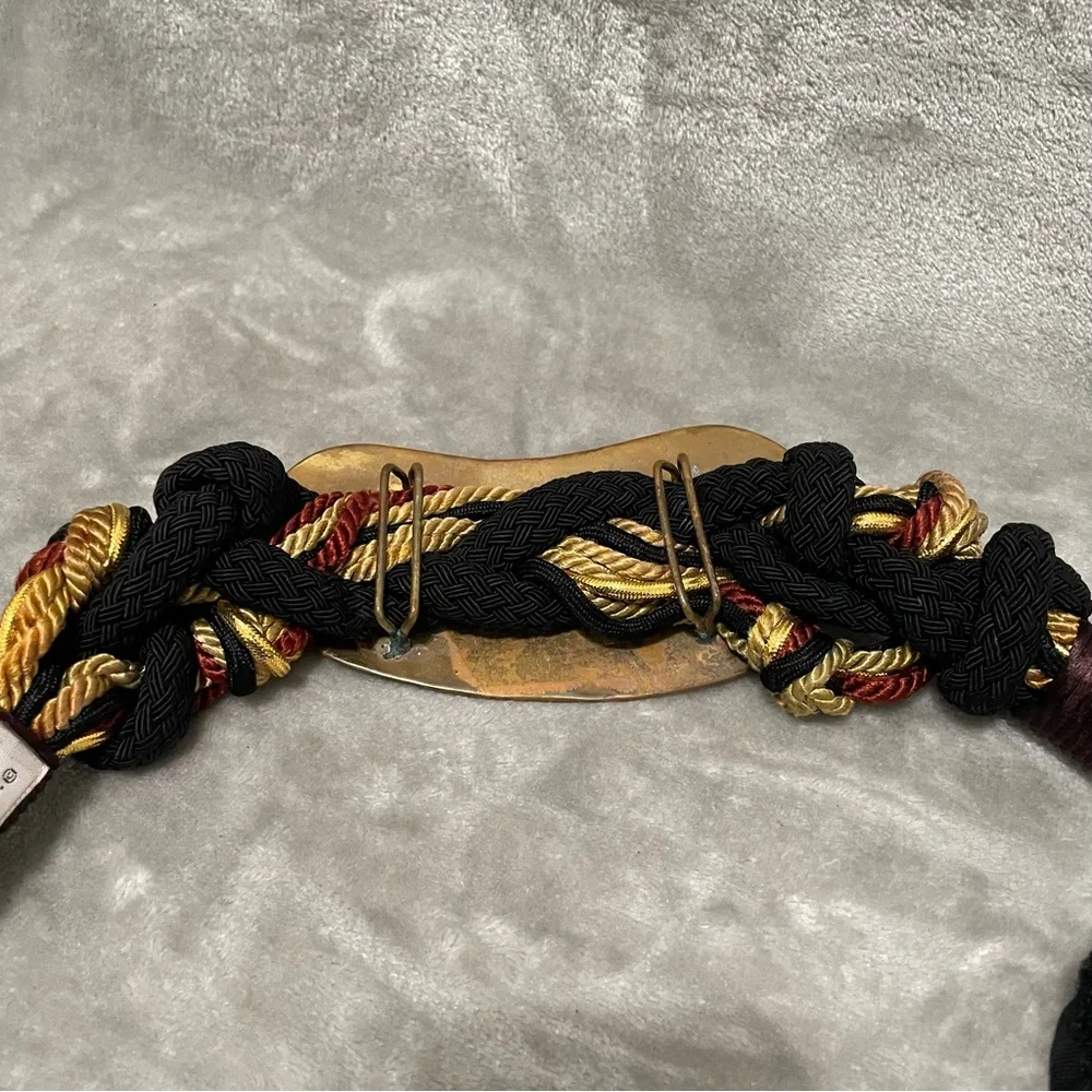 Vintage Carolyn Tanner Braided Black Belt Gold Metal Accent Statement Waist Belt
